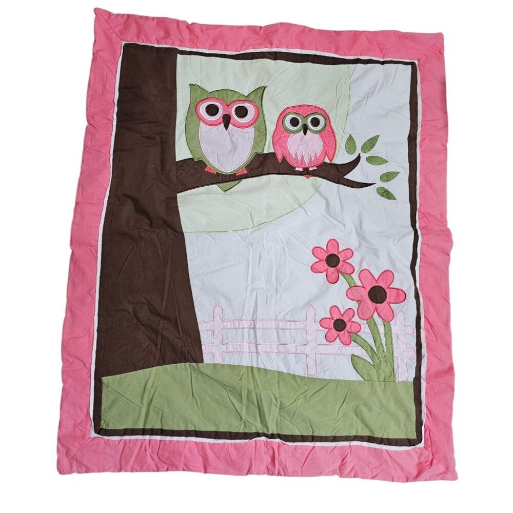 Pink Owl Baby Blanket Crib Quilt 42x34 Reversible Striped Back Nursery Decor